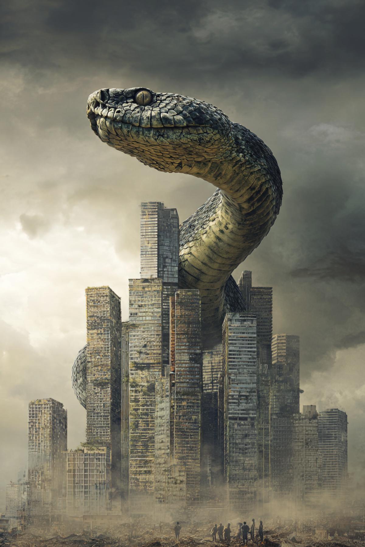 big snake wrapping around several skyscrapers on the background of post apocalypse cityscape wild people around high contrast gloomy colours with bright accents photo quality