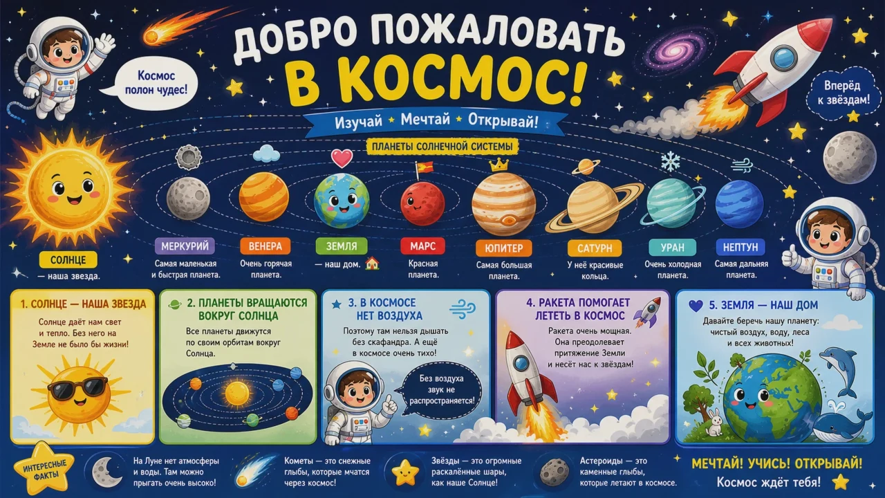 Создай образовательный плакат о космосе для детей. Включи планеты, космонавтов, ракеты, звезды и простые научные объяснения. Симпатичный стиль иллюстраций, красочное оформление, легко понятный образовательный дизайн.