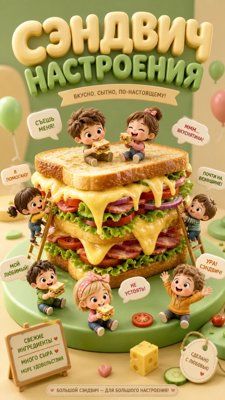 Очаровательная 3D-сцена рекламного фуд-постера с аппетитным {argument name="food item" default="огромным сэндвичем / сырной закуской"}, размещённым на чистой платформе пастельного цвета, в окружении крошечных детей в стиле чиби, взаимодействующих с едой: они поднимаются по лестницам, сидят сверху, едят, играют и празднуют. Мягкий округлый дизайн, игривая композиция с элементами визуального повествования. Нежный расплавленный сливочный сыр, свежие ингредиенты, глянцевые текстуры, ультрадетализированный реализм еды. Мини-персонажи с пропорциями в стиле Pixar, выразительными лицами и мягким 3D-рендерингом. {argument name="background colors" default="Пастельно-зелёный и тёплый бежевый"} фон с плавными градиентами, минималистичные эстетичные декоративные элементы (шарики, геометрические формы). Парящие облачка-реплики с милыми надписями. Крупный мягкий 3D-заголовок в верхней части, выполненный в округлом, надутом стиле. Мягкое студийное освещение, лёгкие тени, уютное и жизнерадостное настроение, премиальный коммерческий фуд-постер, ультрачистая визуальная подача, 4K. Все надписи, заголовки, реплики в облачках, рекламные слоганы, подписи и любой другой текст в изображении должны быть написаны только на русском языке