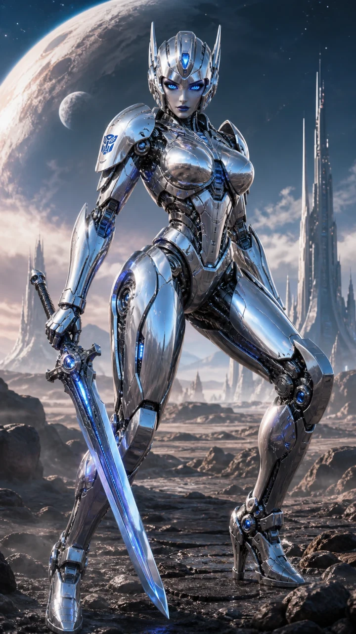 1girl, autobot, blue eyes, breasts, nipples, pussy, full body, squatting, power armor, silver chrome skin, glowing eyes, humanoid robot, large breasts, lips, lipstick, looking at viewer, makeup, mecha, robot, solo, holding sword, futuristic sword, science fiction theme, alien planet landscape