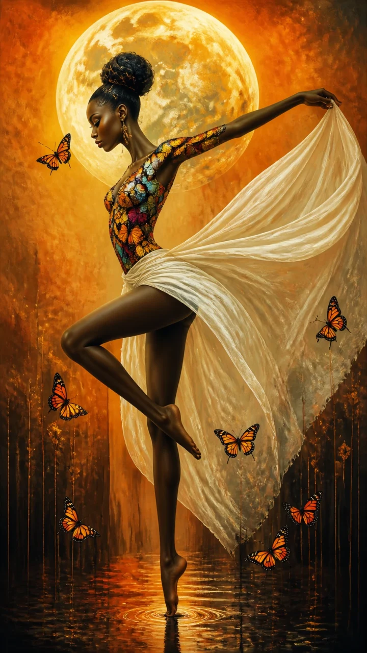 A tall, slender woman with dark skin balances gracefully on one leg in a dance pose. She is depicted in profile, looking down with a serene expression. Her body is draped in white, flowing fabric that spreads like a wing, and her upper body is adorned with a mosaic pattern of vibrant, multicolored butterflies. Behind her, a large, glowing, round moon dominates the top of the frame. The setting is abstract, with fine vertical lines suggesting reeds or grass against a warm, gradient background of deep orange, yellow, and dark shadows. Scattered around her are several orange and black butterflies, one near her face and others below. The lighting...
