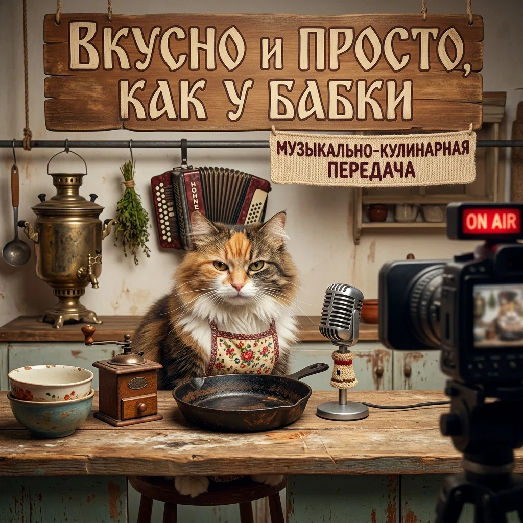 Эта кошка ведёт музыкально-кулинарную передачу "ВКУСНО И ПРОСТО, КАК У БАБКИ".