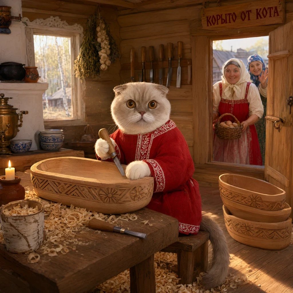 Этот русский кот в рубахе делает резное корыто, все хозяюшки хотят корыто от кота!