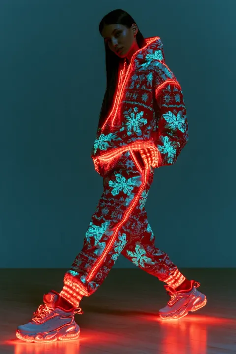 woman Bioluminescent Christmas themed tracksuit for girls that looks realistic and professional