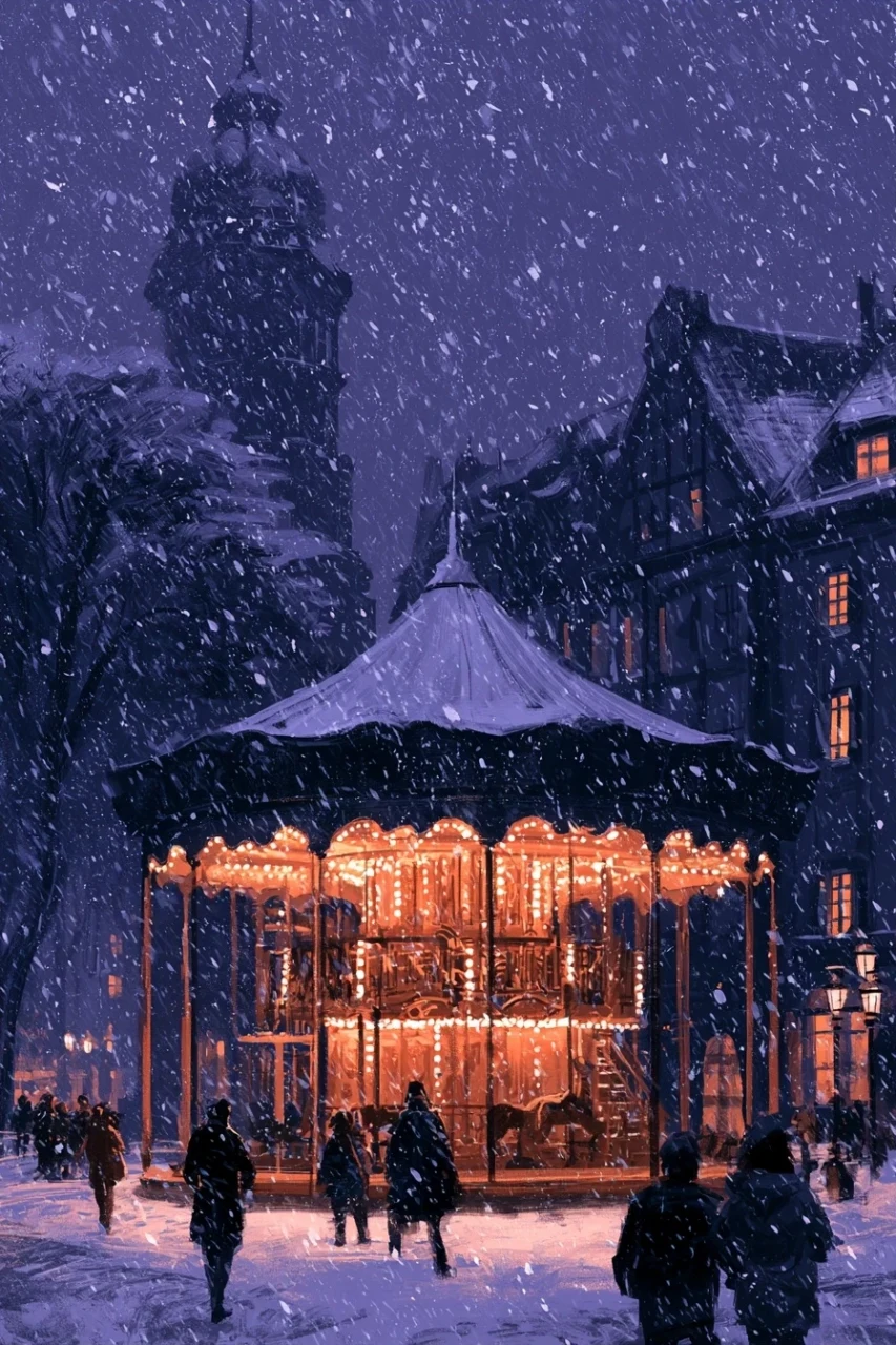 glowing carousel in a violet winter square, heavy snowfall, tiny figures, warm-cool contrast, nostalgic painterly illustration