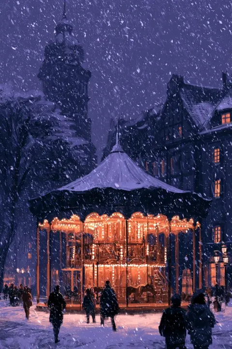 glowing carousel in a violet winter square, heavy snowfall, tiny figures, warm-cool contrast, nostalgic painterly illus…