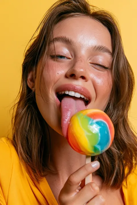 beautiful woman lick a rainbow ice ball, yellow background