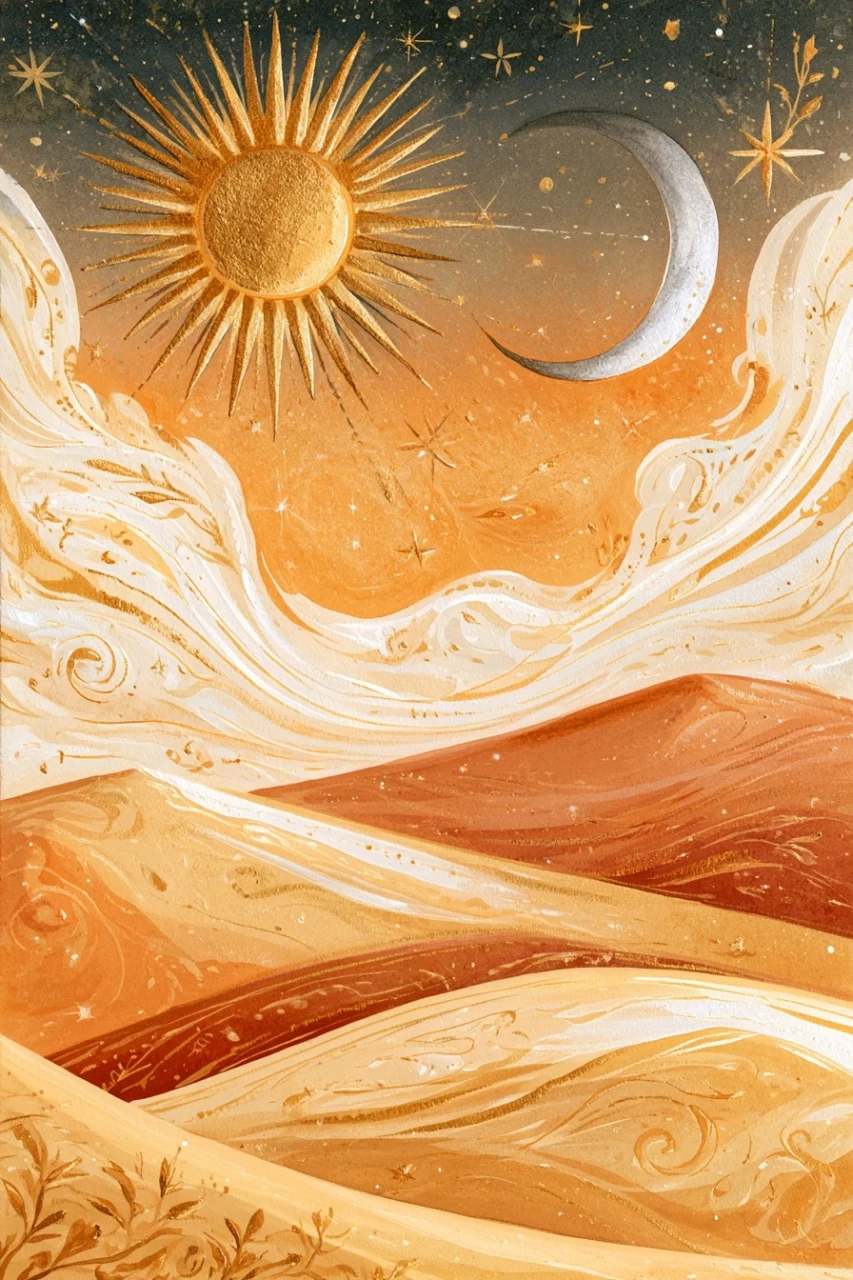 A whimsical celestial dreamscape, soft watercolor and gouache storybook illustration, a golden sun and silver crescent moon floating over rolling honey-colored hills, drifting stars and botanical swirls, warm cream and terracotta and dusty gold palette, gentle hand-painted texture, folk tale wonder, no people
