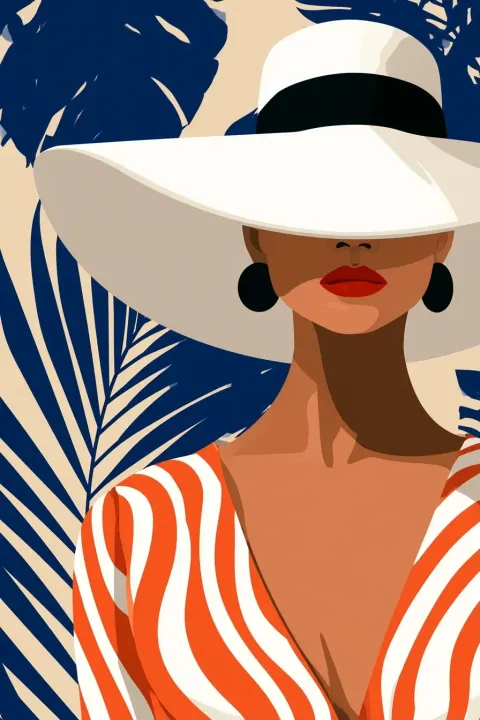 a stylized vector art graphic depicting a chic woman. she is wearing a large white floppy hat with a black band, round …
