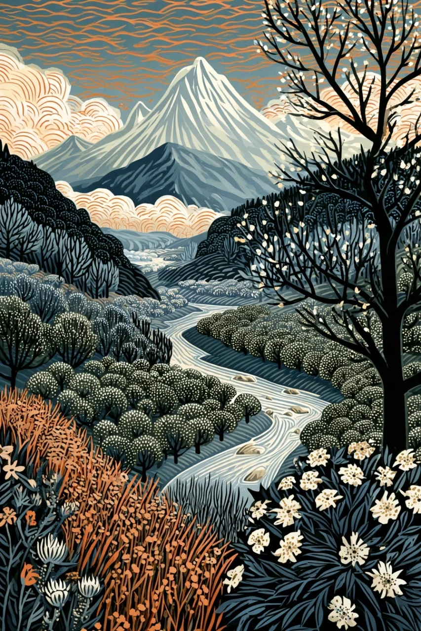 a watercolor painting depicting a serene mountain landscape with many wildflowers, a river running through orchards, soft lighting and a dreamy atmosphere --sref 787948923