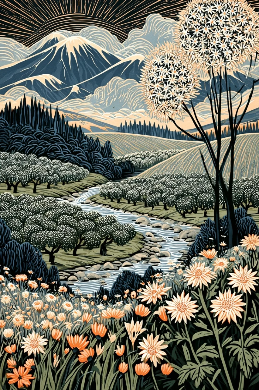a watercolor painting depicting a serene mountain landscape with many wildflowers, a river running through orchards, soft lighting and a dreamy atmosphere --sref 787948923