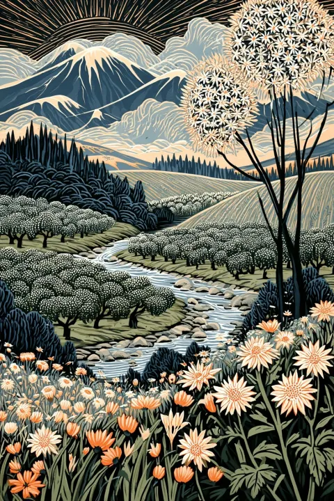 a watercolor painting depicting a serene mountain landscape with many wildflowers, a river running through orchards, so…