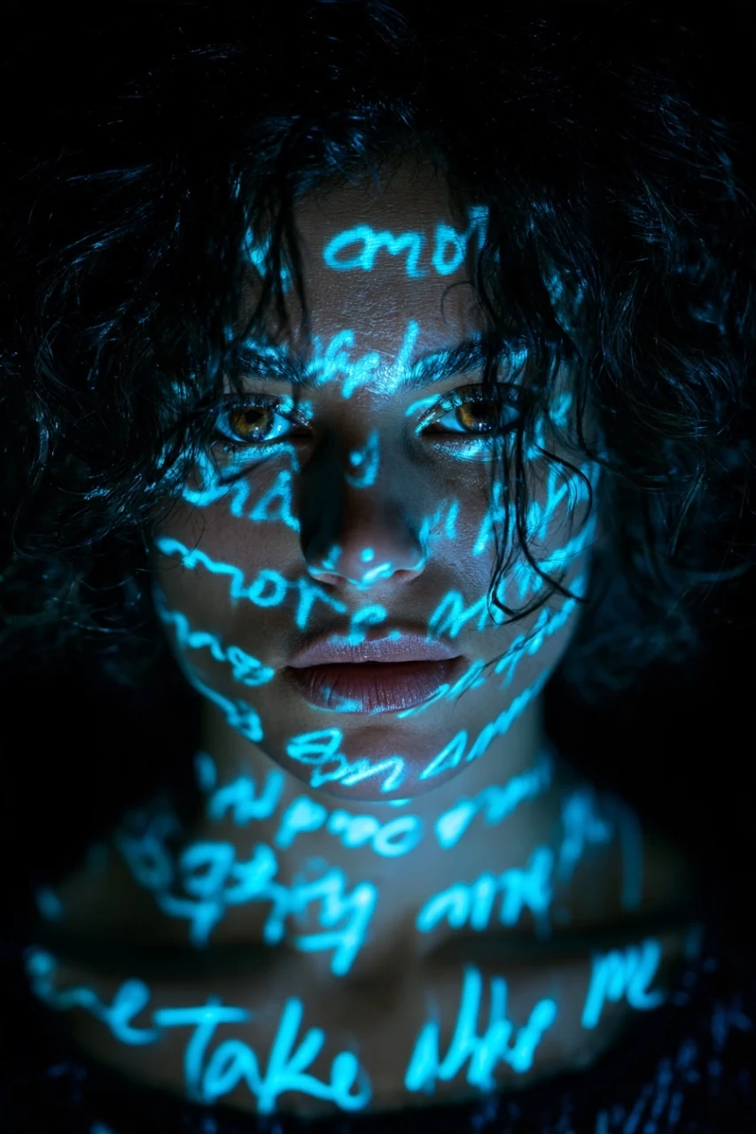 woman. a tight vertical portrait of a person with dark curly hair and hazel eyes, their face and collarbone illuminated by projected blue handwriting. the luminous cyan script, featuring words like "amore" and "take me", wraps around the contours of their face, nose, and lips. the background is a solid, dark void, ensuring the glowing text and the subject's face are the sole focus. the light source is the projection itself, creating sharp highlights on the skin and casting the rest of the figure in deep shadow, photographed with hassleblad, octane render, bokeh, art by ChrisWaikikiAI