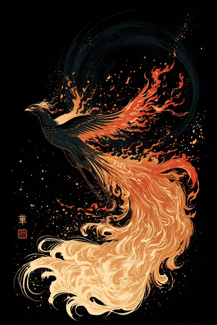 a Phoenix flying. Portray the body as small and in the distance with the fiery plumage cascading to the foreground. Done in a golden spiral composition, in ukiyo-e Hokusai block printing style, minimalist