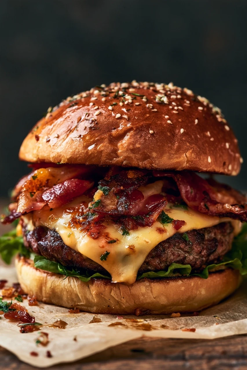 Cheeseburger homemade and juicy. Messy Burger with bacon and lots of cheese.