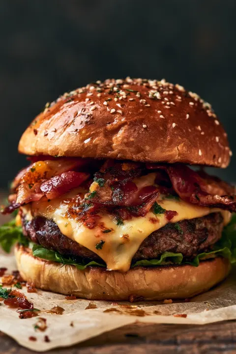 Cheeseburger homemade and juicy. Messy Burger with bacon and lots of cheese.