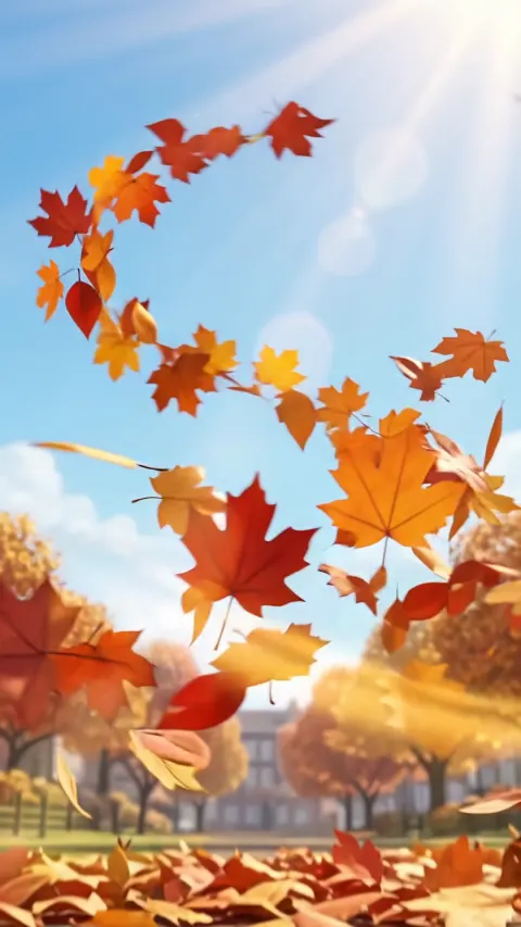 Autumn leaves flying in the air on sunny day forming text "С Днём учителя!" Pixar animated cartoons style --no birds