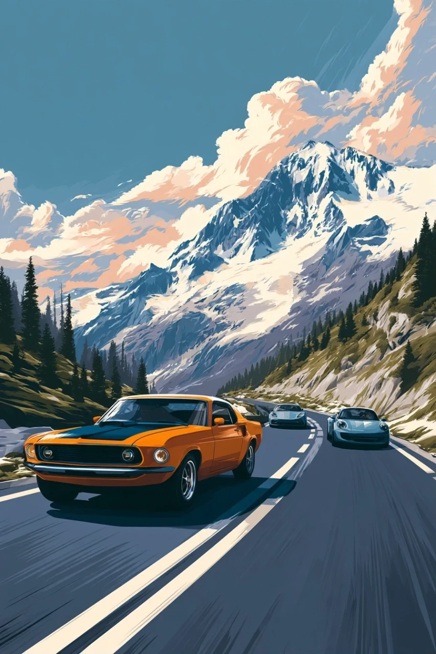 car convoy on road, vintage car poster, modern cars, digital vector illustration