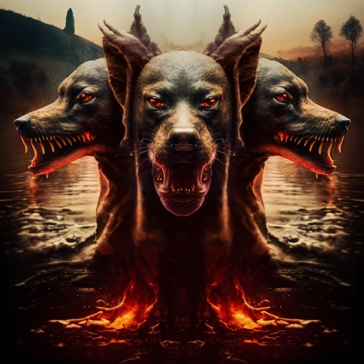 hellish dog Cerberus with three heads, fiery river background, melancholy, sadness, hopelessness