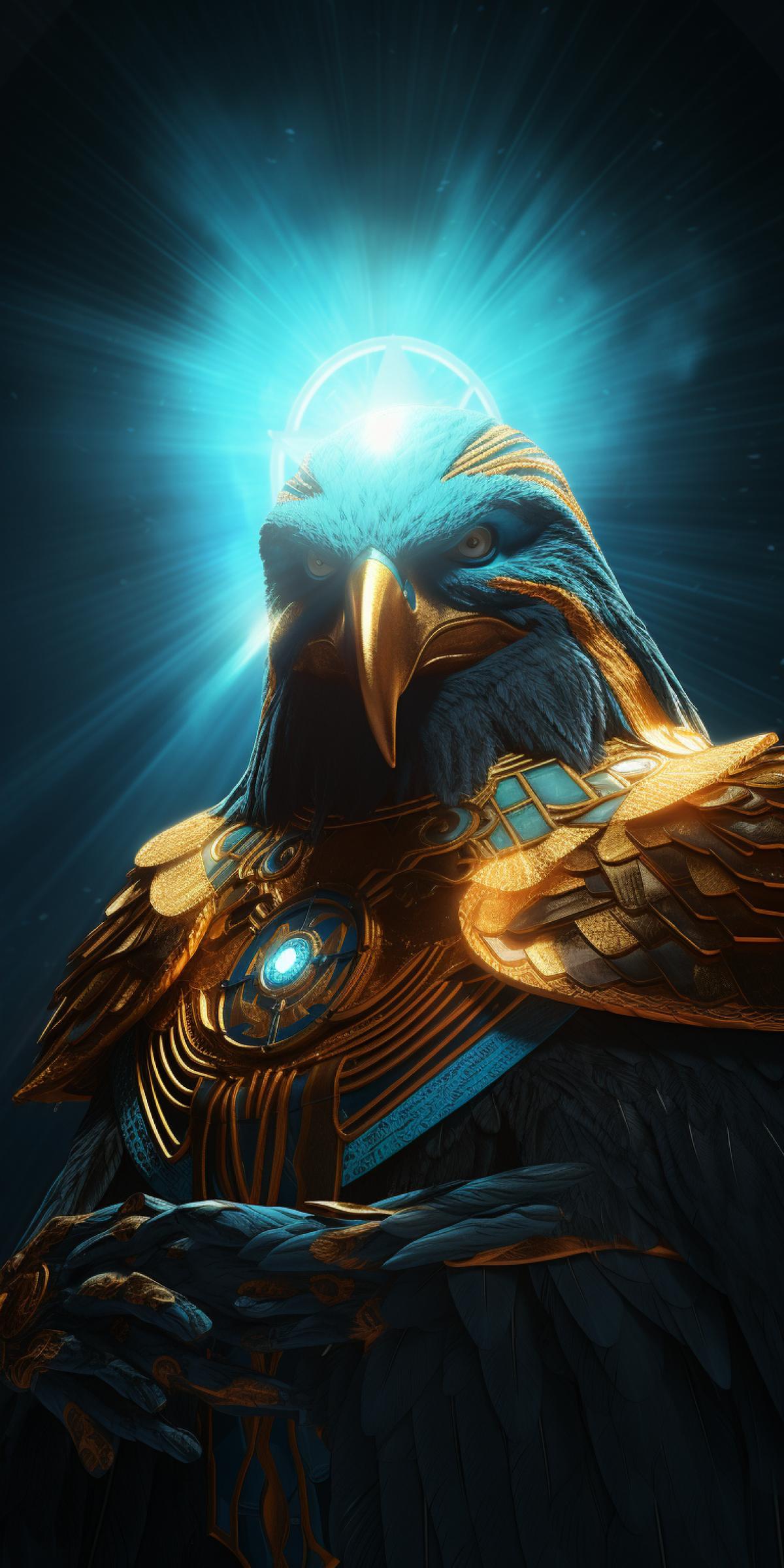Amon Ra, Egyptian God of the Sun, anthropomorphic hawk, Face of a Hawk, Sun Halo, Divine aura, Dynamic 4k, Extremely Detailed, Volumetric fog, Fantasy, Realistic, 8K, Cinematic, Soft studio lighting, blue Backlighting, dark background