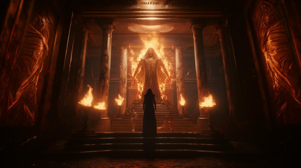 The ancient god Prometheus transmits fire to people standing in his throne room. Egyptian Gods worship him. gods worship, unreal engine, hyper realistic, hyper detailed, hyper detailed, epic, dramatic, ultra realistic, octane render, photo realistic, best background trending, enhanced photo, 8k ar 24:18