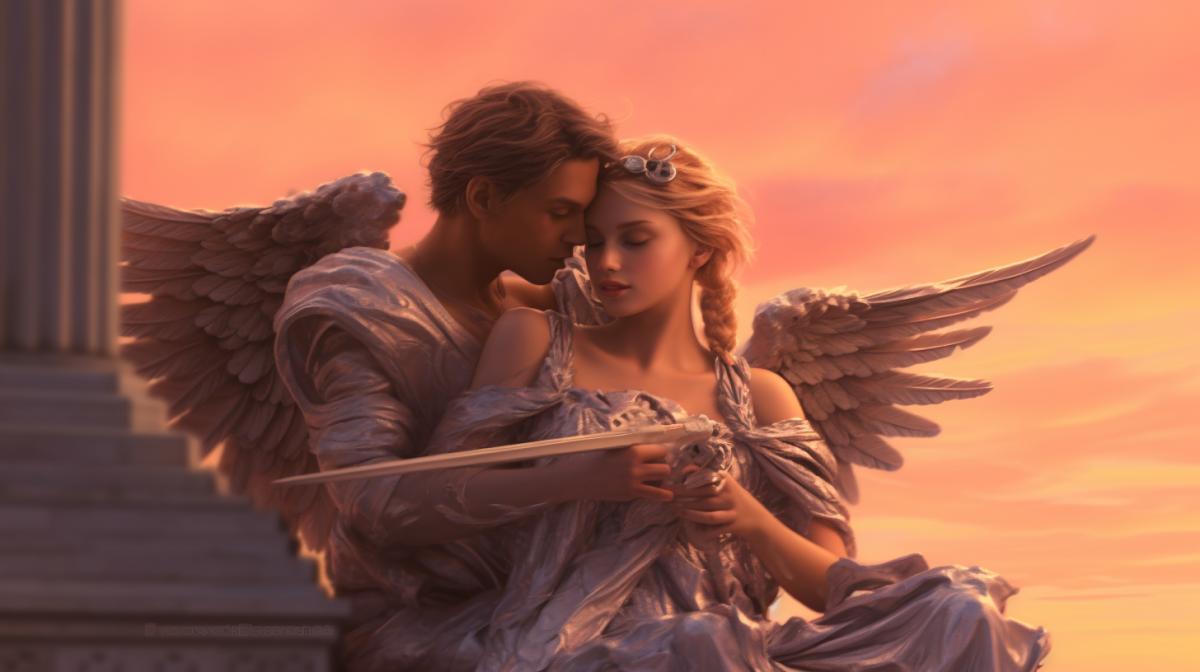 Cupid loves Psyche, kiss, Greek mythology, dawn, CG art speed paint