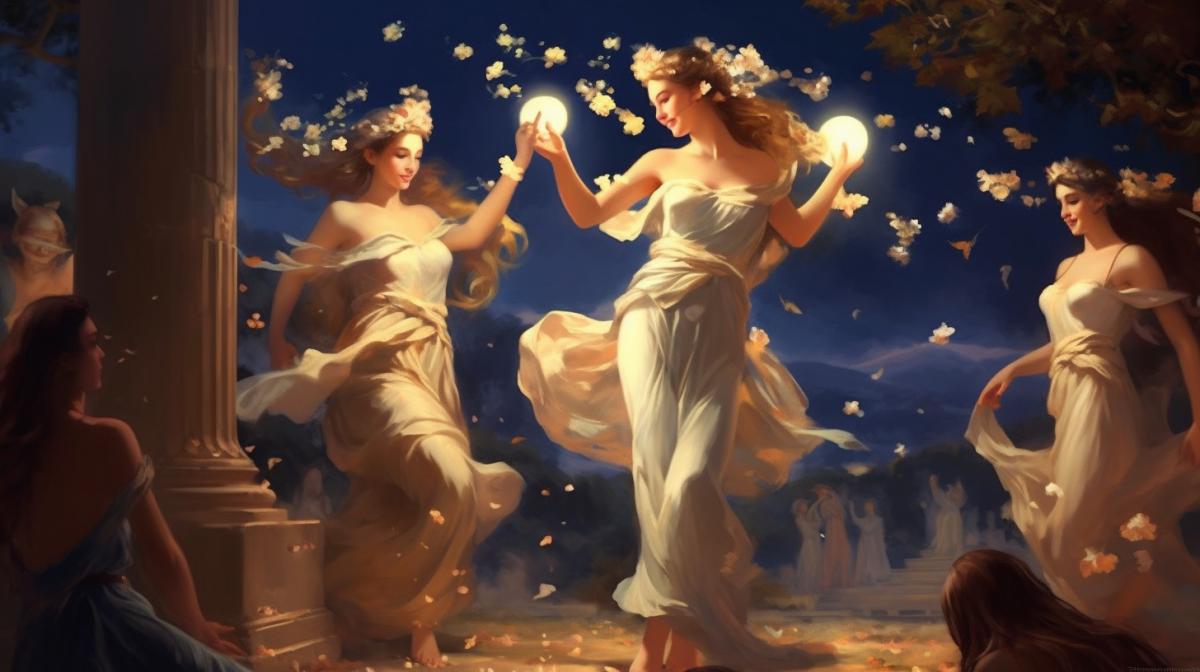 Dancing nymphs, night, flowers, ancient gods of Greece, CG art speed paint
