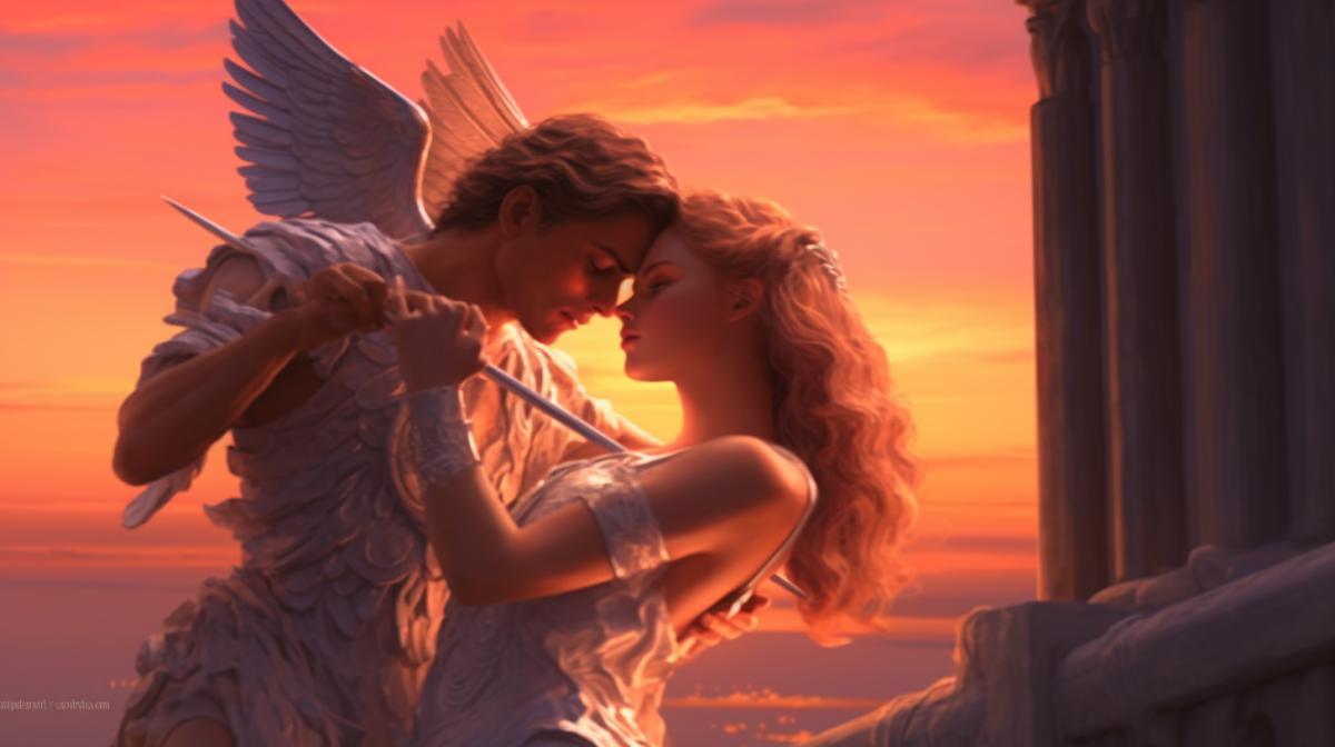 Cupid loves Psyche, kiss, Greek mythology, dawn, CG art speed paint