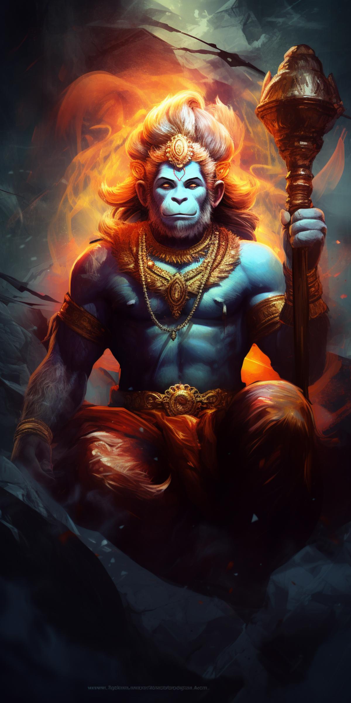 abstract Image of The Hindu God Hanuman He is in mystical magical environment His limitless strength is manifesting as beautiful field of energy all around him It transmits his strength and compassion into the universe he carries with him his all powerful mace ar upbeta Image