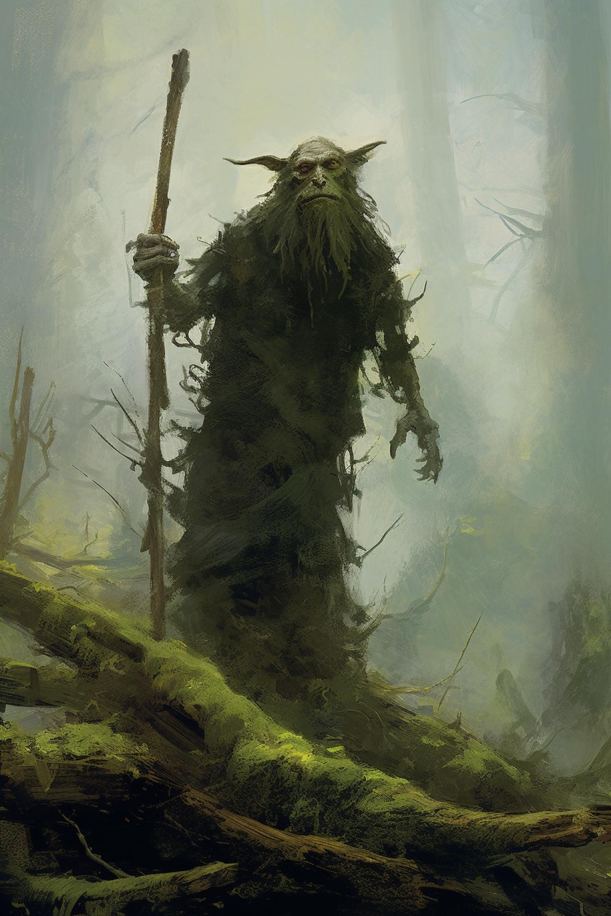 Goblin in a foggy gloomy forest, overgrown with moss and snags, a tall peasant with a long matted beard.