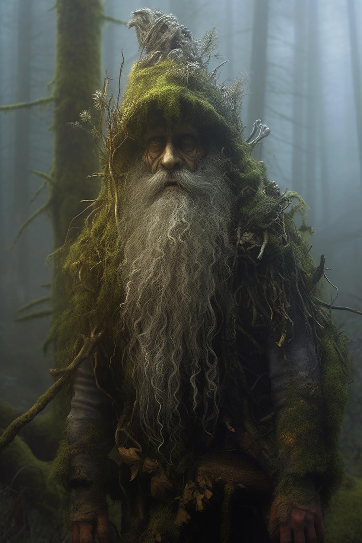 Goblin in a foggy gloomy forest, overgrown with moss and snags, a tall peasant with a long matted beard.