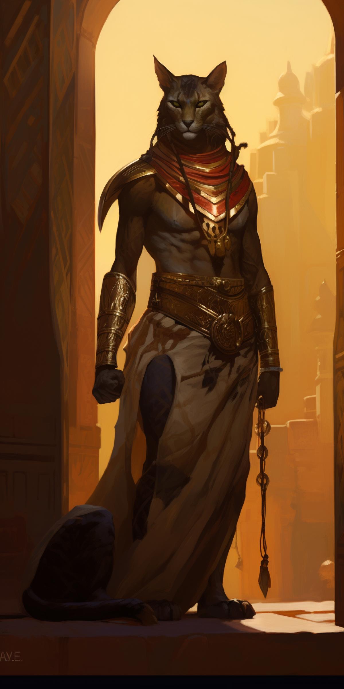 portrait of Bastet , anthropomorphic god with cat head, back light, verdant, colorful Egyptian architecture, ornated armor, sand, sunset, donato giancola, anders zorn, Giovanni Battista Tiepolo, joel sartore, cinematic lighting, raking sunshine, long shadows, wet, hyperrealism, high contrast