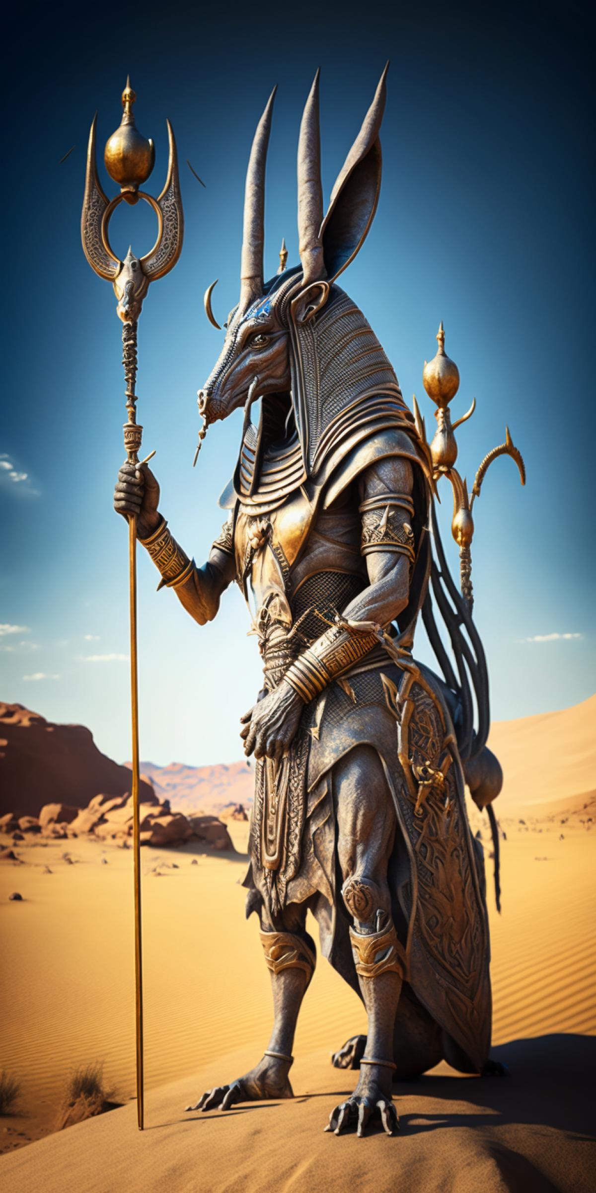Egyptian god Set stands in the desert with a staff in his hand, aardvark head, art, many details, professional photo, dynamic shot, cinematic shot, dramatic shot, RTX, HDR, 8K,TXAA, 3D, realistic, natural lighting, photorealistic, super detailed , hyper realistic, cinematic