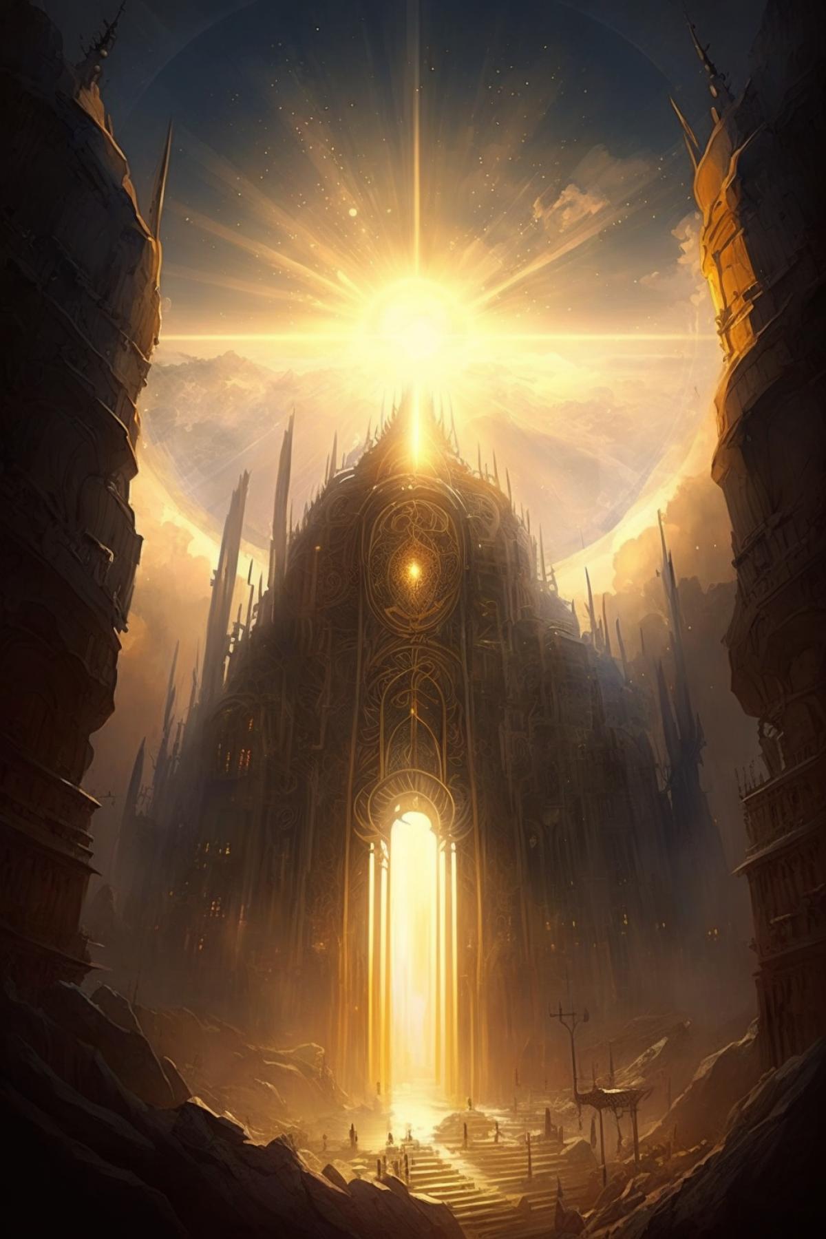super detailed environment concept art, fantasy, New Jerusalem city, Divine God rules, rays of light, heavenly gold
