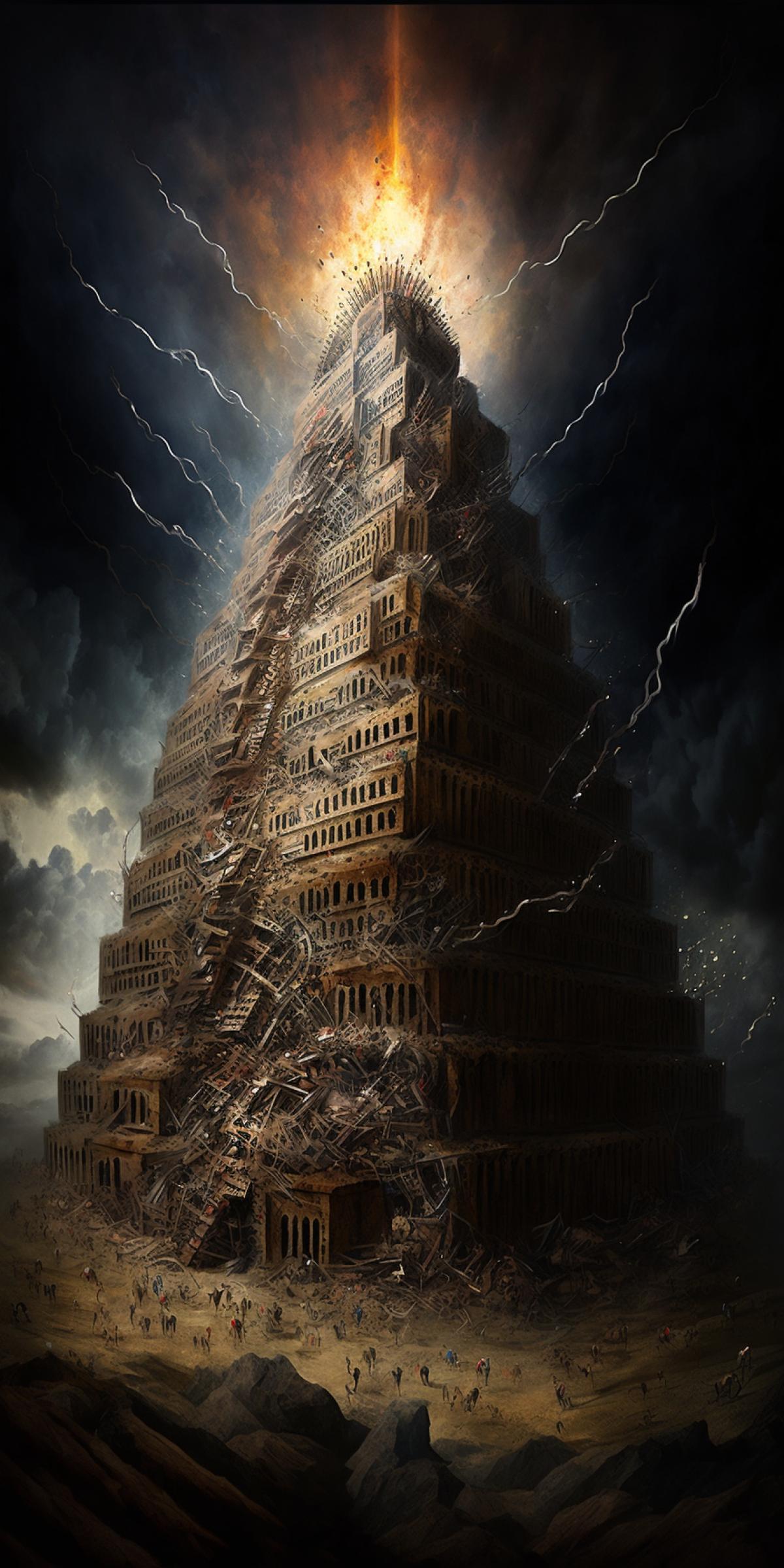 the tower of Babel, a huge tall tower, on which people swarm like ants, lightning strikes the tower from heaven and the tower collapses