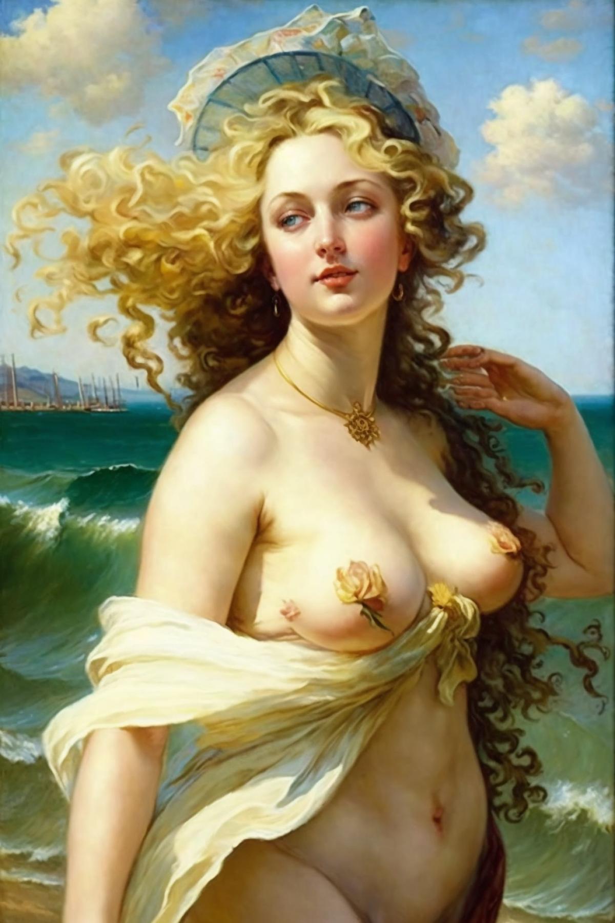 Goddess Aphrodite comes ashore from the sea waves, a very beautiful figure, a very beautiful face, oil painting in the style of Raphael