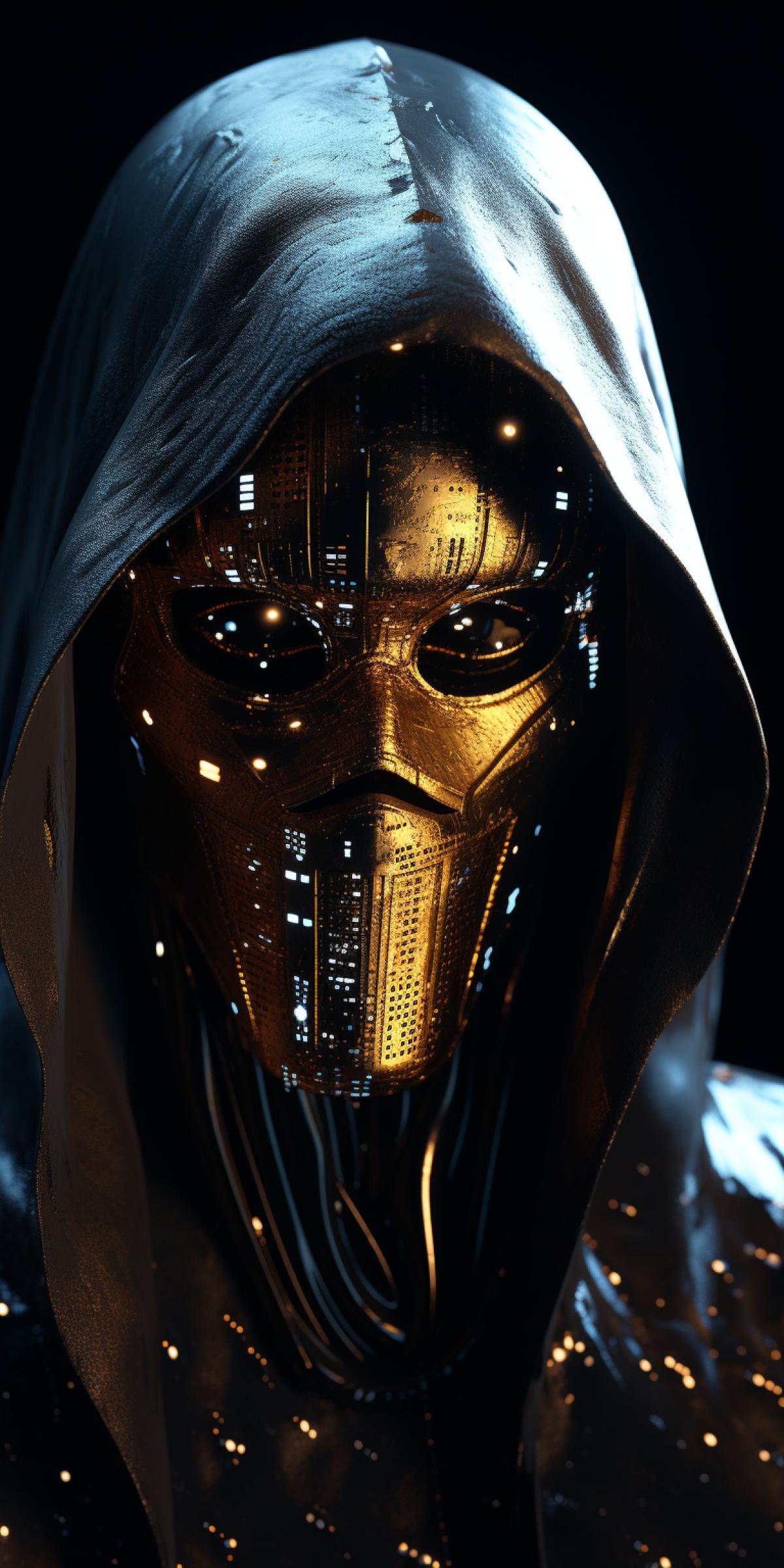 Cloaked Humanoid android Broken Machine God Ai Horror Gold Eldritch octane rendering detailed face highquality image portrait lighting accent lighting volumetric lighting depth of field glowing intricately detailed and vibrant PRO photo RGB shot on mm lens OpenGLshaders GLSLshaders SSAO tone mapping postprocessing white balance Ray Tracing Global Illumination Ray Traced Chromatic Aberration Hyper Detailed dim colors epic shot Octane Render CGI VFX SFX ar