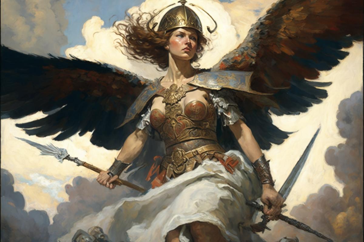 Scandinavian warrior maiden Valkyrie with wings, with a sword and shield, in a helmet and bronze armor, in the sky, among the clouds, over the military battlefield, painting in the style of Vrubel and Repin, restrained colors, dramatic lighting