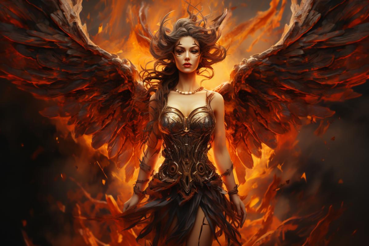 Scandinavian warrior maiden Valkyrie with wings, with a sword and shield, in a helmet and bronze armor, in the sky, among the clouds, over the military battlefield, digital painting, restrained colors, dramatic lighting