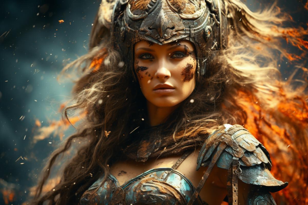 Scandinavian warrior maiden Valkyrie with wings, with a sword and shield, in a helmet and bronze armor, in the sky, among the clouds, over the military battlefield, digital painting, restrained colors, dramatic lighting