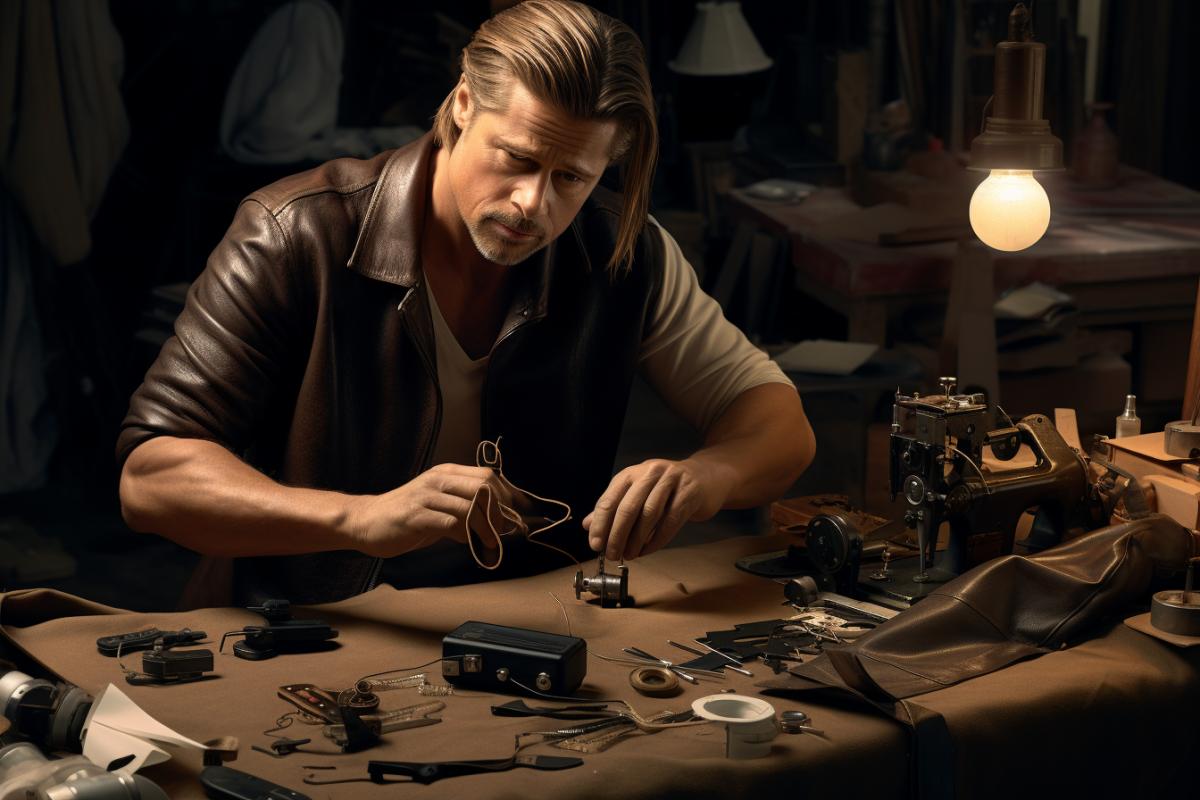 Hyperrealistic photography of a Brad Pitt looking at the camera working on his narrow leather goods by Atín Aya, low angle shot, Eye Level, medium key, soft light, Atín Aya style, 1960s, Andalusia, unreal 5 engine, ultra realistc, photography, high resolution