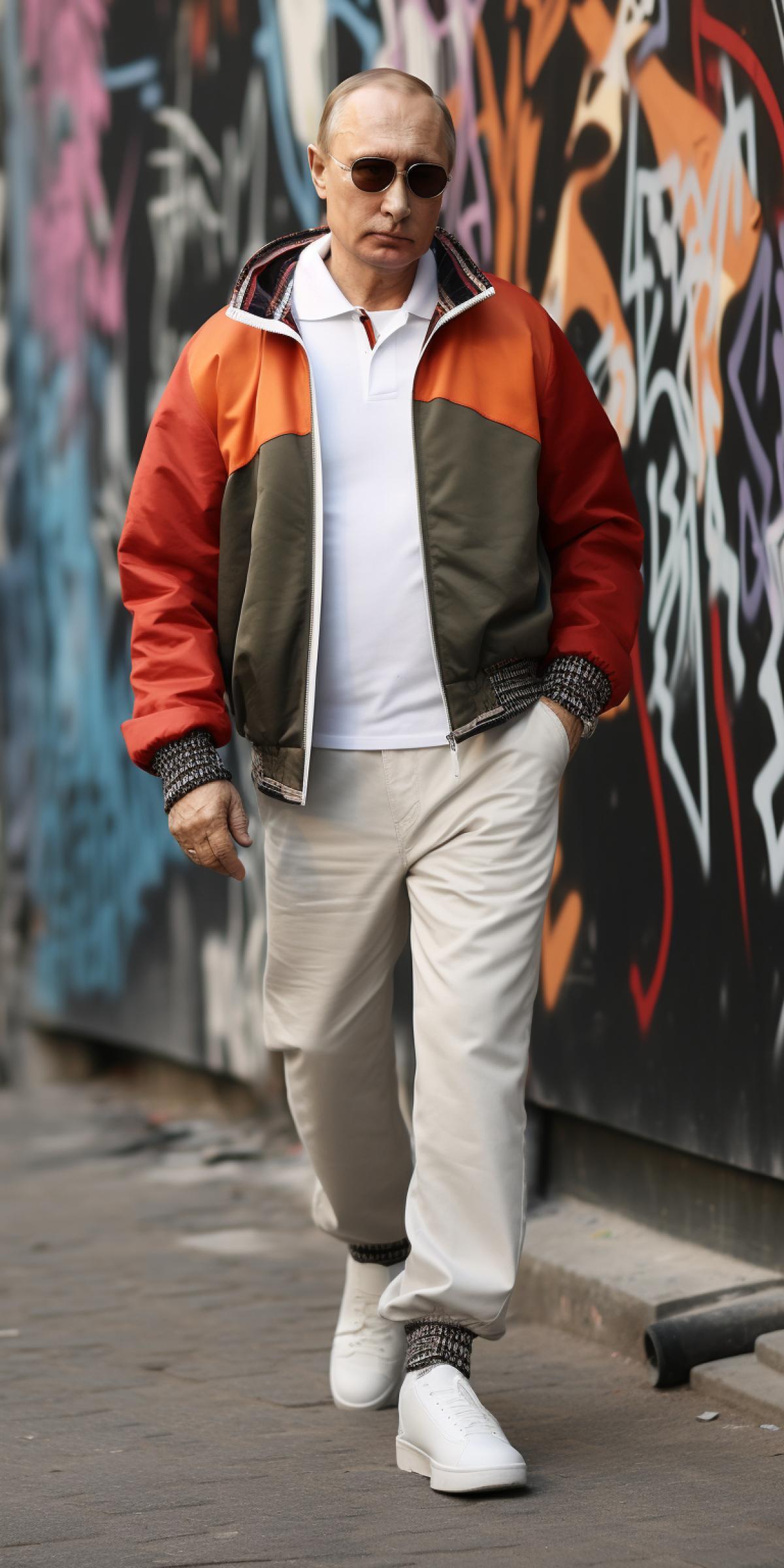 street style photo of Putin looking hard, in full growth, streetwear aesthetic