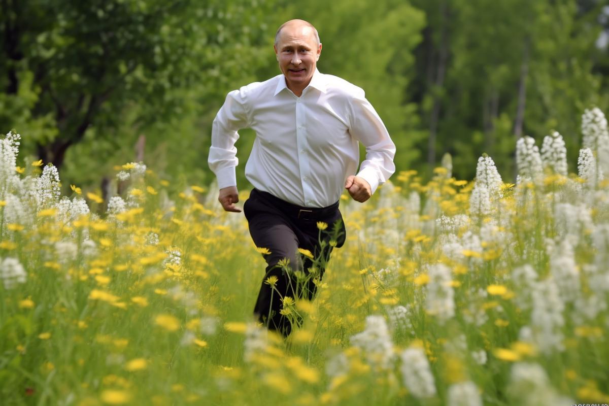 Putin runs with a bouquet of wildflowers through a field of chamomile