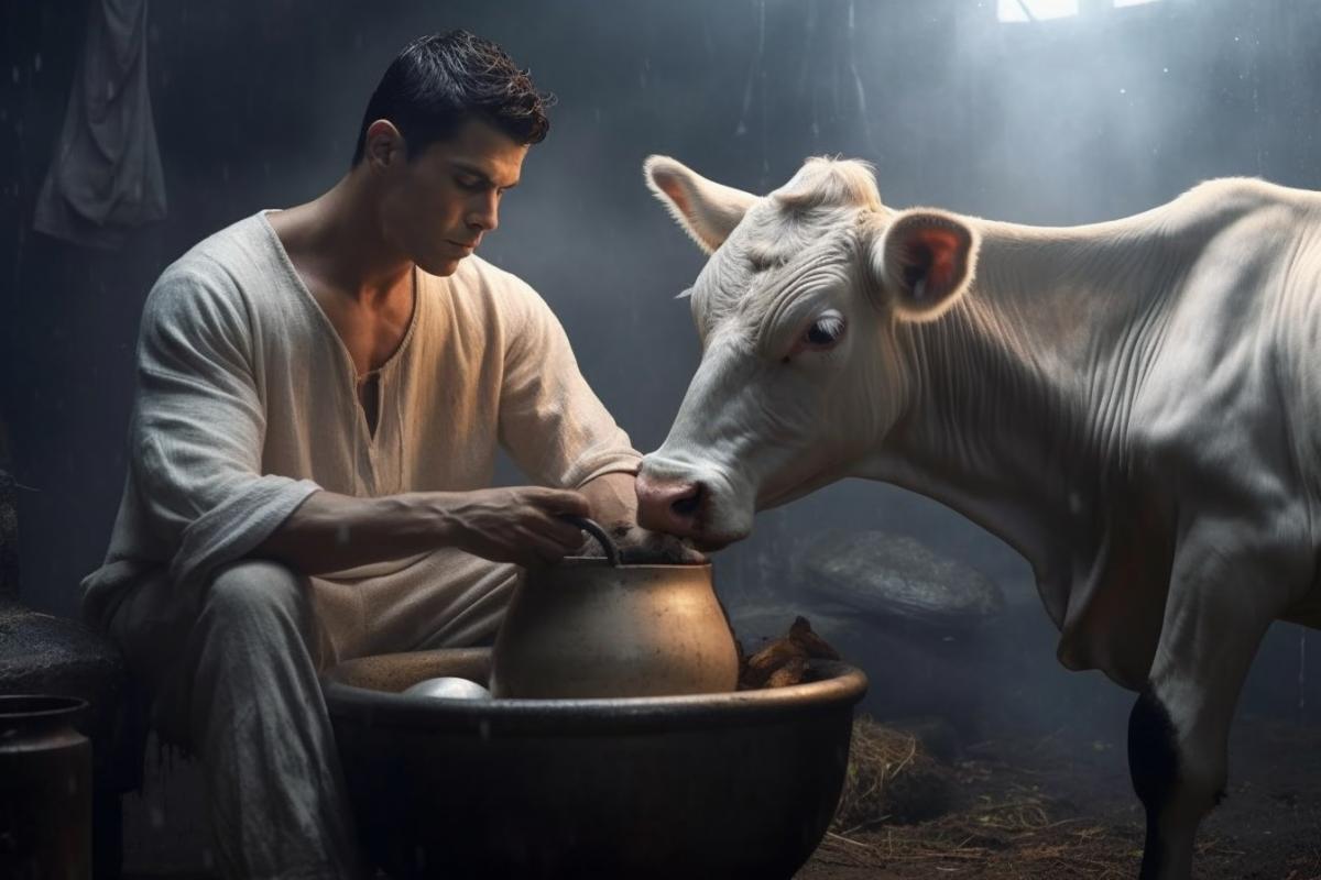 Cristiano Ronaldo milking a cow, dawn, realism, photography, 4k