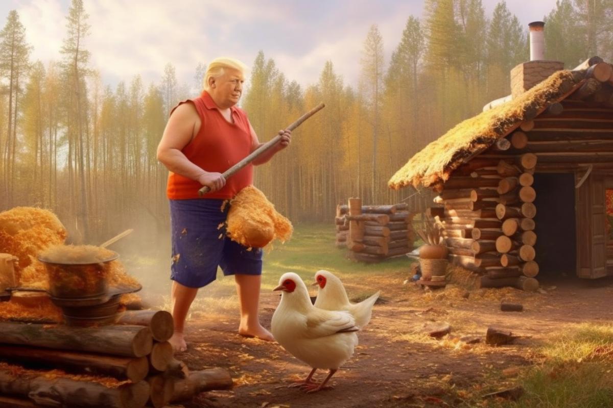 Donald J. Trump. Russian Russian woman chopping firewood, full-length, in a Russian national shirt, against the background of birches and a Russian bathhouse, chickens walking nearby, photo realism, 4K