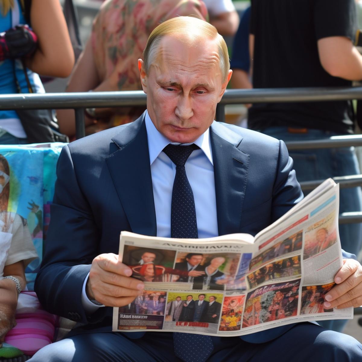 Vladimir Putin reads a celebrity tabloid magazine, bright collage style cover