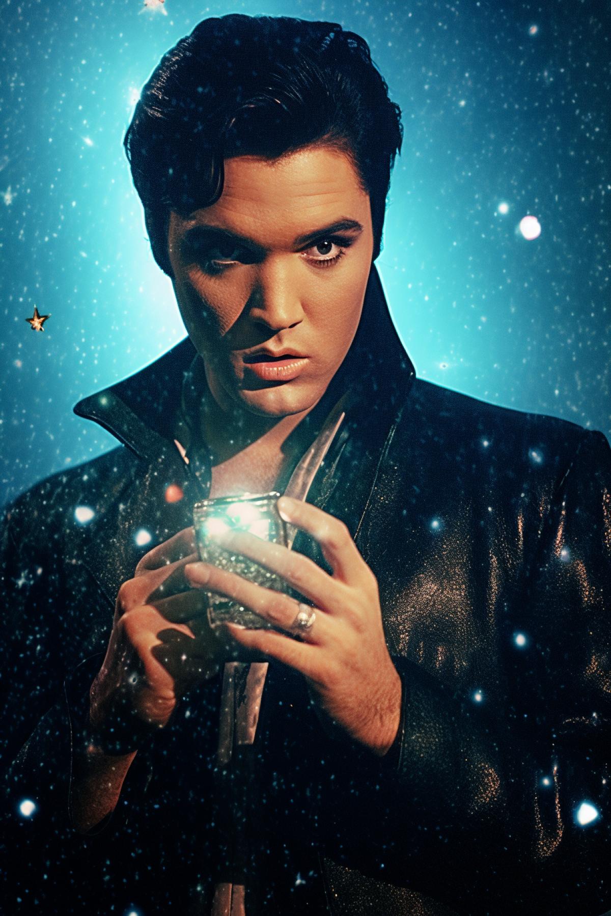 Elvis Presley holding a smartphone, UFO background, photo