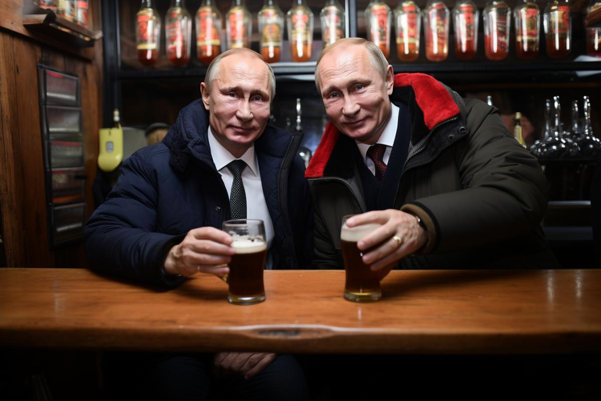 Doubles of Vladimir Putin sit drinking beer in a bar