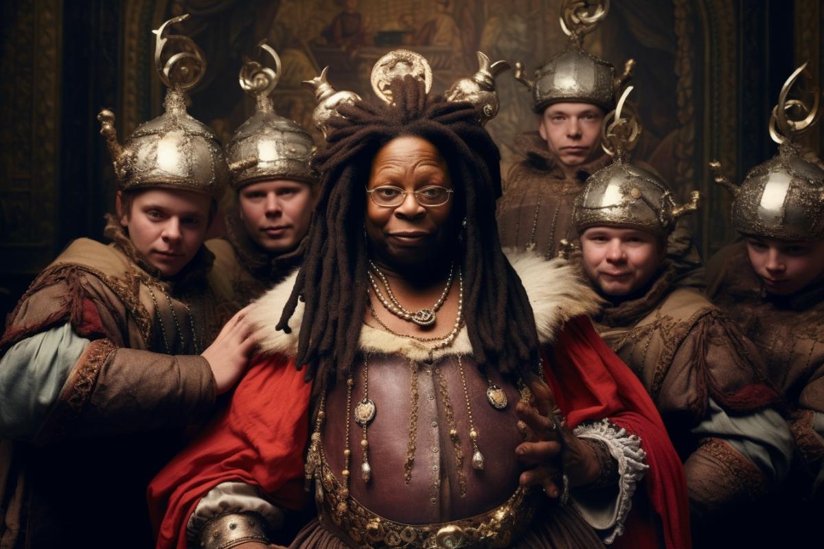 Whoopi Goldberg in a medieval dress surrounded by six dwarfs