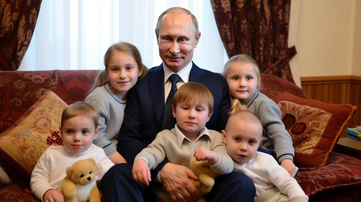 Happy Putin surrounded by five grandchildren